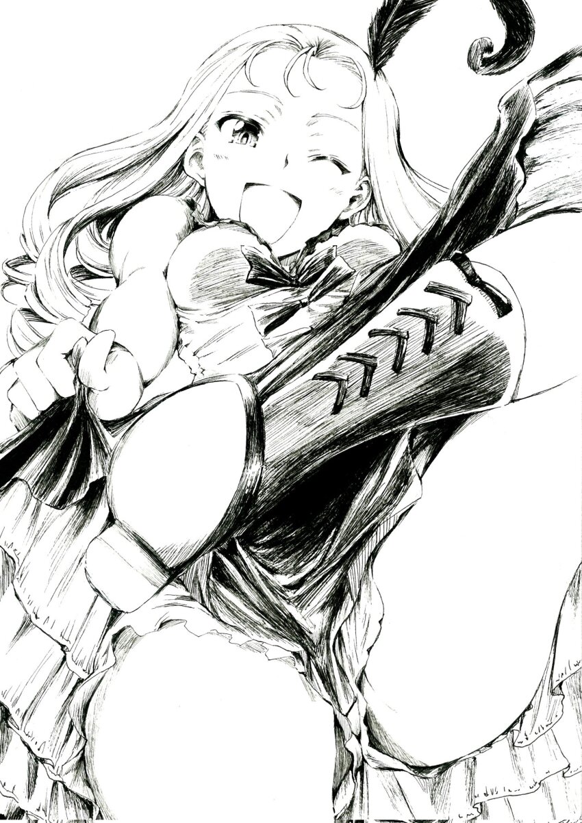 1girl ;d blush boots breasts clothes_lift drill_hair feather_hair_ornament feathers forehead from_below girls_und_panzer greyscale hair_ornament highres knee_boots lace-up_boots looking_at_viewer marie_(girls_und_panzer) medium_breasts monochrome one_eye_closed open_mouth ringlets sawamin simle skirt skirt_lift smile solo thighs