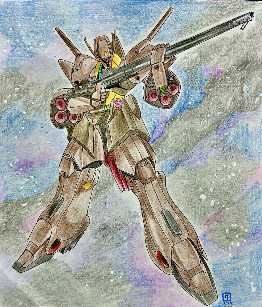 2024 absurdres beam_rifle colored_pencil_(medium) commentary_request dated energy_gun gabthley gundam highres mobile_suit nebula scan science_fiction signature sketch space star_(symbol) star_symbol_background titans_(gundam) traditional_media user_tgxr4427 vernier_thrusters weapon zeta_gundam