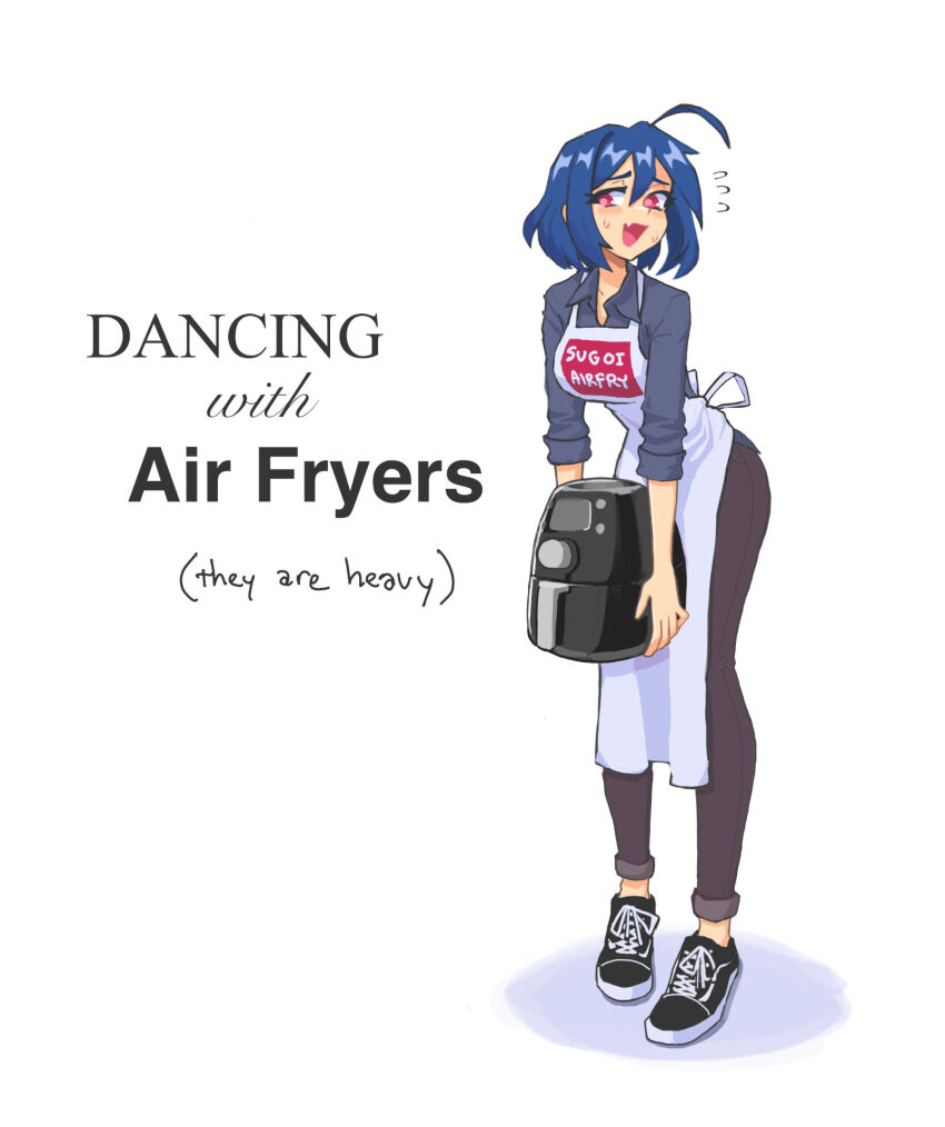 1girl ahoge air_fryer apron black_footwear blue_hair collared_shirt commentary endless_monday:_dreams_and_deadlines english_commentary english_text fang flying_sweatdrops full_body grey_shirt hcnone highres holding looking_at_viewer open_collar open_mouth original pants print_apron red_eyes shirt short_hair simple_background skin_fang skye_(hcnone) sleeves_rolled_up solo sugoi_dekai white_apron white_background