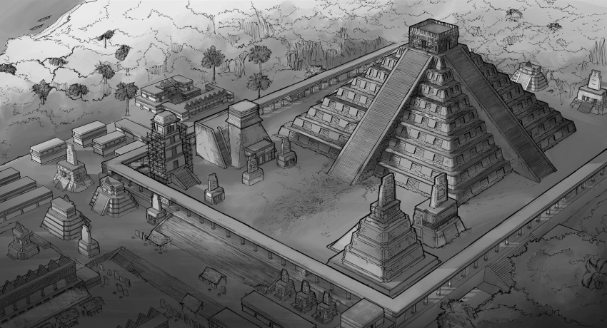 ancient_mayan city cityscape highres jungle mayan mayan_mythology nature pyramid_(structure) temple village