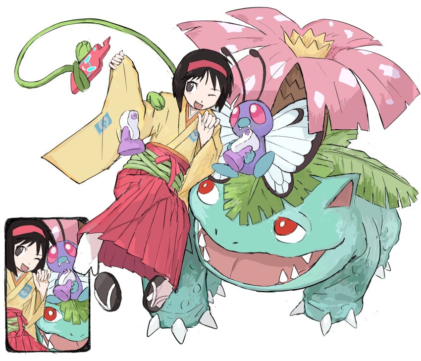 1girl bottle butterfree erika_(pokemon) furisode_sleeves gen_1_pokemon gen_4_pokemon hairband hakama hakama_skirt highres japanese_clothes keina_(ke1na_h) kimono nintendo pokemon pokemon_(creature) pokemon_frlg pokemon_tcg potion_(pokemon) red_hairband red_hakama rotom rotom_phone sandals selfie simple_background skirt socks spray_bottle tabi taking_picture venusaur white_background white_socks yellow_kimono zouri