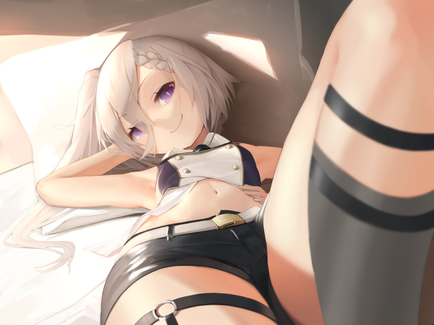 1girl arm_behind_head armpits azur_lane belt black_shorts black_socks blurry blush braid bright_pupils c: closed_mouth collared_shirt commentary_request depth_of_field eyes_visible_through_hair foreshortening grey_hair hair_between_eyes hair_spread_out hand_on_own_hip head_on_pillow head_tilt highres indoors knee_up kneehighs long_hair looking_at_viewer lying navel o-ring o-ring_thigh_strap on_back on_bed pillow purple_eyes shirt short_shorts shorts side_ponytail sidelighting sleeveless sleeveless_shirt smile socks solo thigh_strap white_belt white_shirt yohia z1_leberecht_maass_(azur_lane)