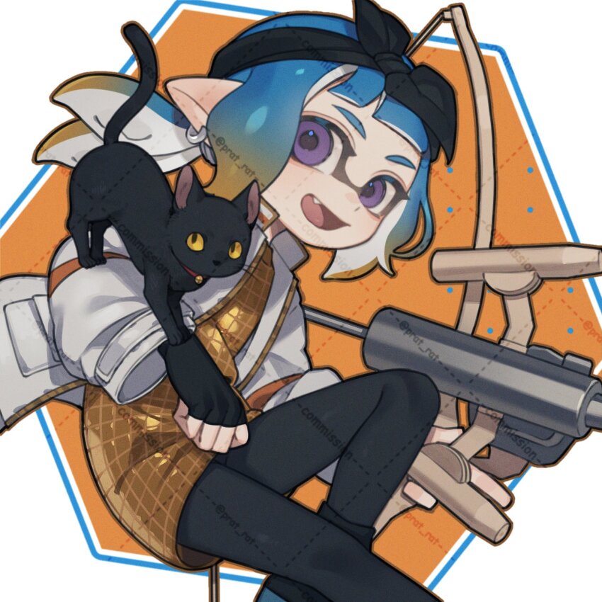 1girl :d animal_on_arm black_cat black_gloves black_hairband black_pantyhose black_ribbon black_shoes blonde_hair blue_hair bow_hairband cat commission dress earrings fang fingerless_gloves gloves gradient_hair hair_ribbon hairband highres inkling inkling_girl inkling_player_character jacket jewelry long_sleeves looking_at_viewer low_ponytail medium_hair multicolored_hair nintendo open_clothes open_jacket open_mouth order_stringer_(splatoon) pantyhose pointy_ears ponytail prat_rat purple_eyes ribbon shoes smile solo splatoon_(series) splatoon_3 tentacle_hair watermark watermark_grid white_jacket yellow_dress