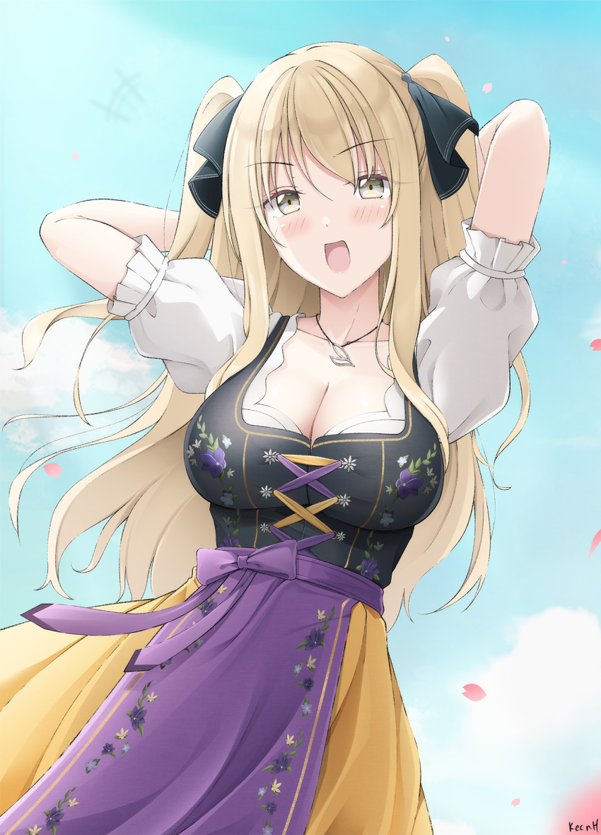 +++ 1girl ao_no_kanata_no_four_rhythm apron arms_behind_head arms_up black_ribbon blue_sky blush breasts brown_eyes brown_hair brown_skirt cleavage cloud collarbone commentary_request day floral_print hair_ribbon highres keenh large_breasts looking_at_viewer outdoors petals print_apron puffy_short_sleeves puffy_sleeves purple_apron ribbon satouin_reiko shirt short_sleeves skirt sky smile solo two_side_up waist_apron white_shirt