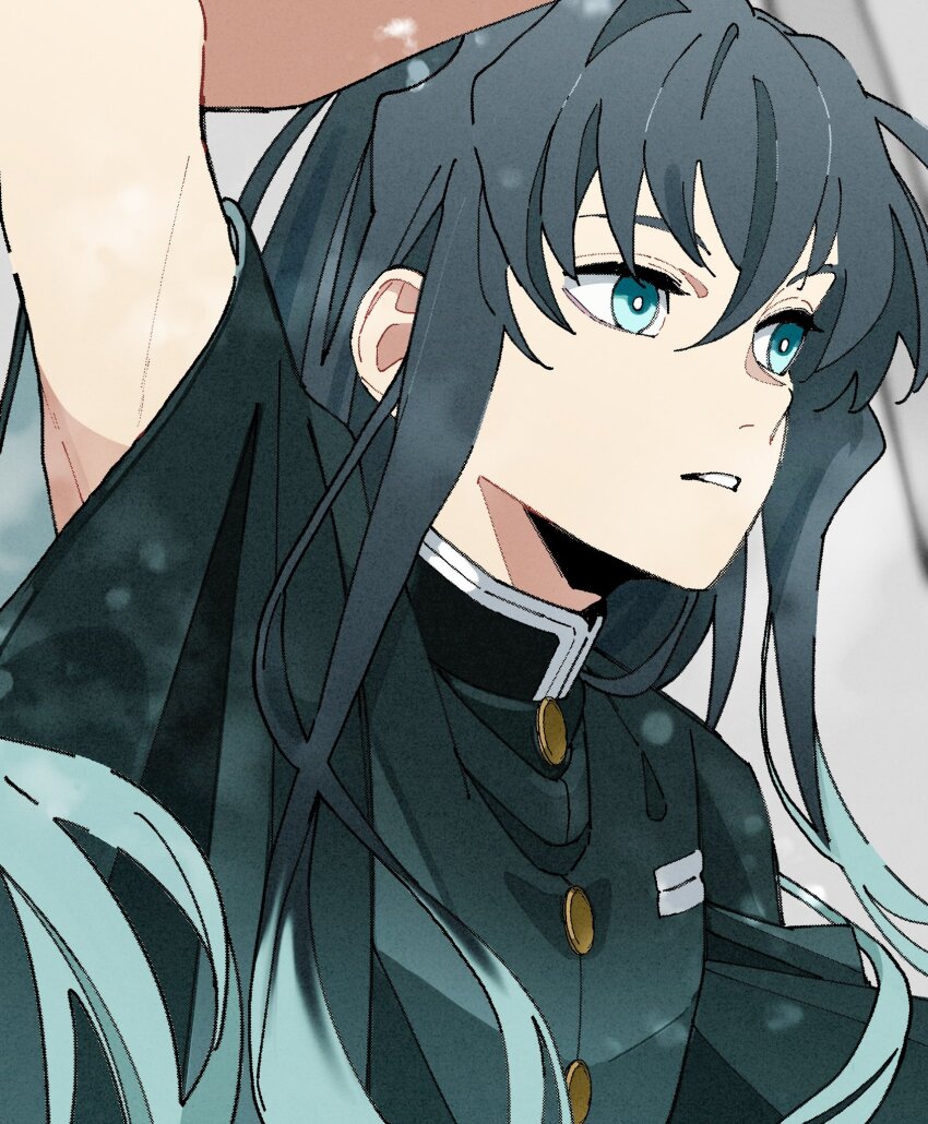 1boy aqua_hair arm_up black_hair blue_eyes buttons collared_shirt colored_tips commentary_request from_side hair_between_eyes highres kimetsu_no_yaiba long_hair male_focus mkyn29 multicolored_hair parted_lips shirt short_sleeves simple_background solo teeth tokitou_muichirou upper_body very_long_hair white_background wide_sleeves