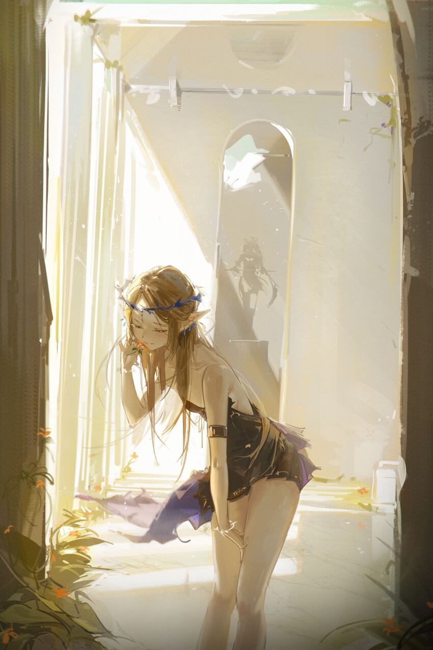 1girl absurdres bare_shoulders black_dress blonde_hair breasts cartethyia_(wuthering_waves) closed_eyes closed_mouth commentary cowboy_shot crown_of_thorns dress dudrinm earrings flower highres holding holding_flower indoors jewelry long_hair pointy_ears sidelocks small_breasts smile solo tacet_mark_(wuthering_waves) wuthering_waves
