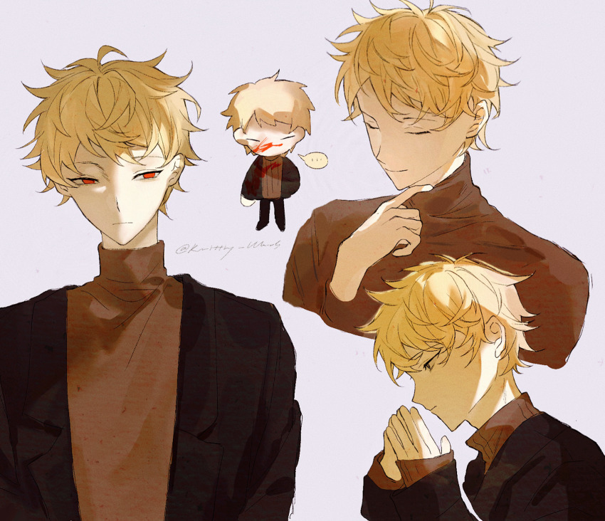 ... 1boy atou_haruki black_jacket black_pants blonde_hair blood blood_on_face blue_background brown_sweater chinese_commentary closed_eyes closed_mouth commentary_request highres jacket long_sleeves male_focus multiple_views open_clothes open_jacket pants red_eyes saibou_shinkyoku short_hair simple_background sleeves_past_wrists spoken_ellipsis steepled_fingers sweater turtleneck turtleneck_sweater zhiyanpianyu55126