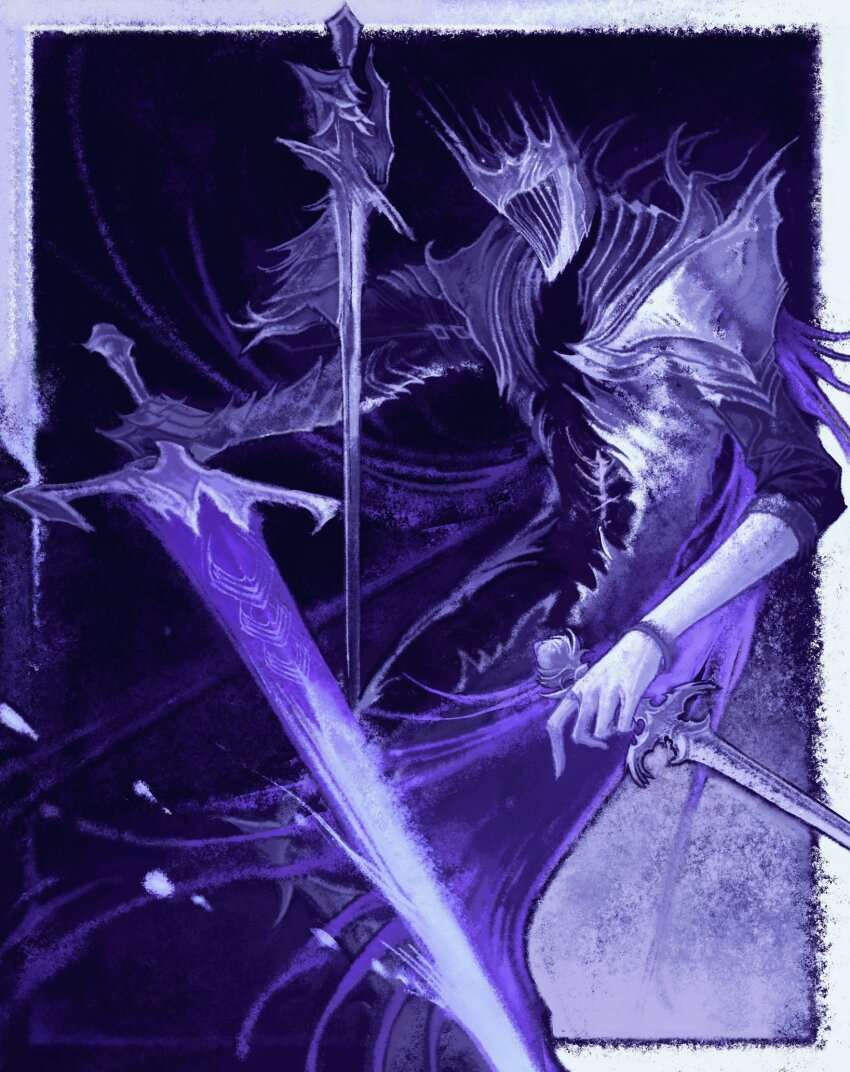 1other armor blue_theme border cape cruentum_noctis dual_wielding elden_ring elden_ring_nightreign extra_arms full_armor gauntlets glowing glowing_sword glowing_weapon great_rune_(elden_ring) greatsword helmet heolstor_the_nightlord highres holding holding_sword holding_weapon jewelry purple_cape ring shoulder_armor sword triple_wielding weapon white_border