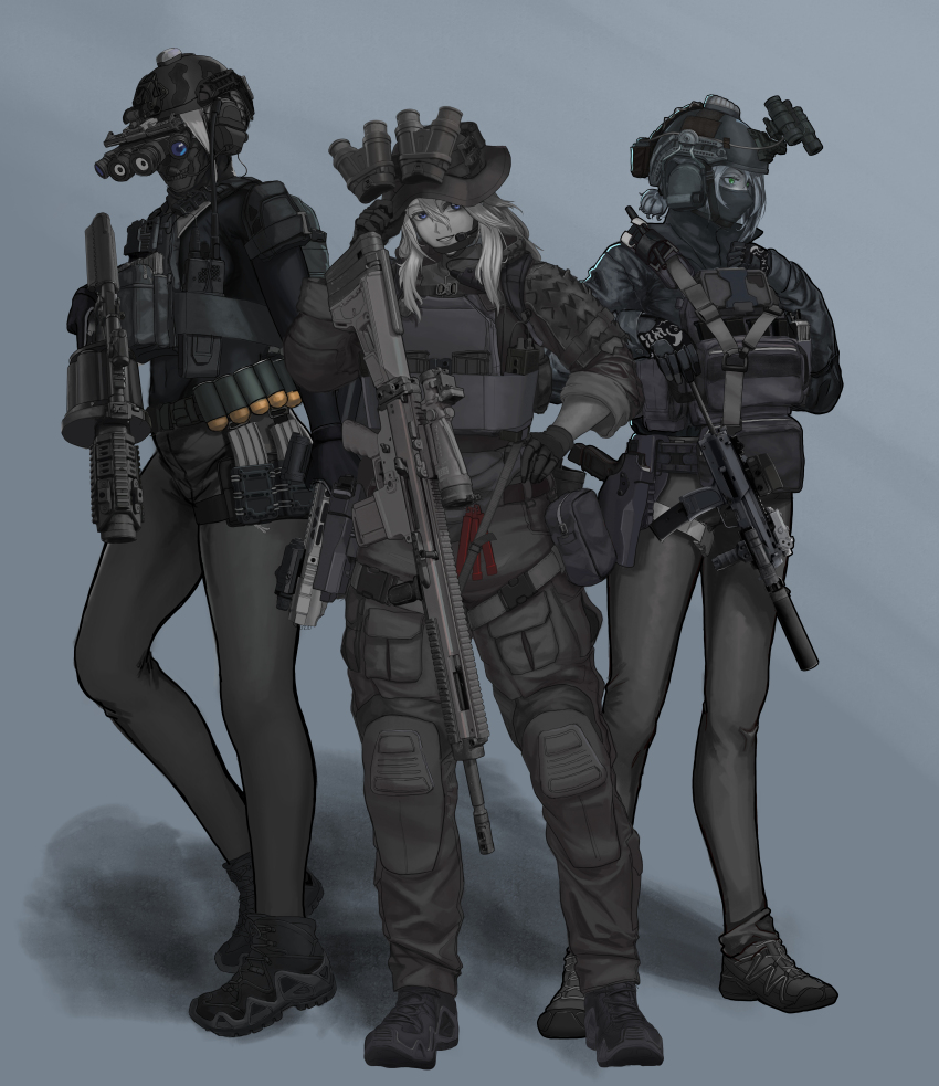 3girls absurdres assault_rifle baklava black_footwear black_gloves blonde_hair blue_eyes chin_strap combat_helmet commission fn_scar full_body g&amp;k-cmdr gloves green_eyes grenade_launcher gun h&amp;k_mp7 hair_bun handgun headset helmet highres holster knee_pads load_bearing_vest looking_at_viewer magazine_(weapon) mask milkor_mgl multiple_girls night_vision original rifle scope simple_background sleeves_rolled_up standing submachine_gun weapon