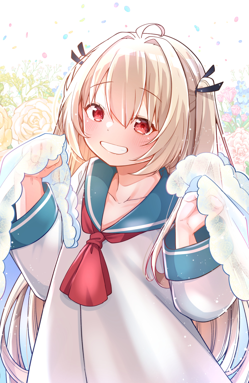 1girl absurdres ahoge ascot atri atri-my_dear_moments- black_ribbon blue_sailor_collar blush brown_hair dress floral_background grin hair_between_eyes hair_intakes hair_ribbon hands_up highres holding jako_(jakoo21) long_hair long_sleeves looking_at_viewer red_ascot red_eyes ribbon sailor_collar sailor_dress smile solo two_side_up very_long_hair white_dress wide_sleeves