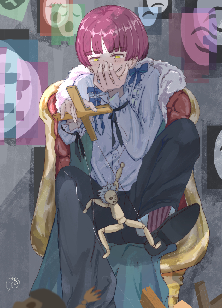 1boy big_smile black_pants blue_bow bow d4u4a-vvvats hands_up highres light_blush long_sleeves open_mouth pants puppet puppet_strings red_hair red_socks school_uniform shinomiya_kei shirt shoes sitting smile socks solo striped_clothes striped_socks tomodachi_game white_shirt yellow_eyes