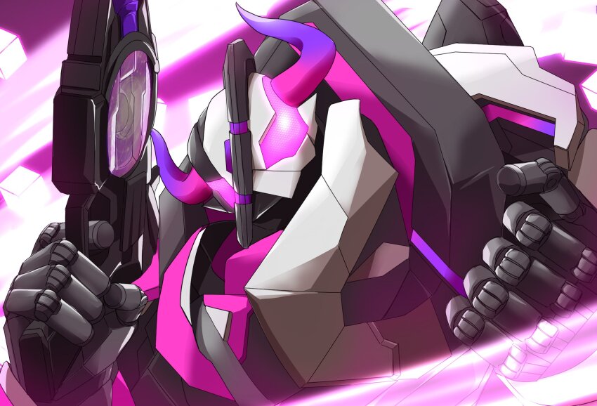 1girl armor black_armor buffalo clenched_hand compound_eyes gradient_horns gun highres holding holding_gun holding_weapon horns kamen_rider kamen_rider_beroba kamen_rider_geats_(series) laser_raise_riser looking_at_viewer mecha miyabi_(037) multicolored_horns pink_armor robot science_fiction weapon white_armor