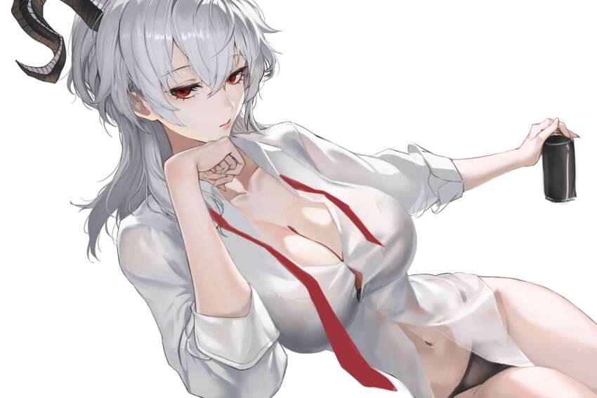 1girl black_horns black_panties breasts can cleavage closed_mouth collarbone collared_shirt commentary_request curled_horns drink_can feet_out_of_frame hair_between_eyes highres holding holding_can horns korean_commentary large_breasts long_hair navel necktie no_pants panties rain_yoo red_eyes red_necktie shirt simple_background solo stomach thighs underwear undone_necktie white_background white_shirt wuthering_waves zani_(wuthering_waves)
