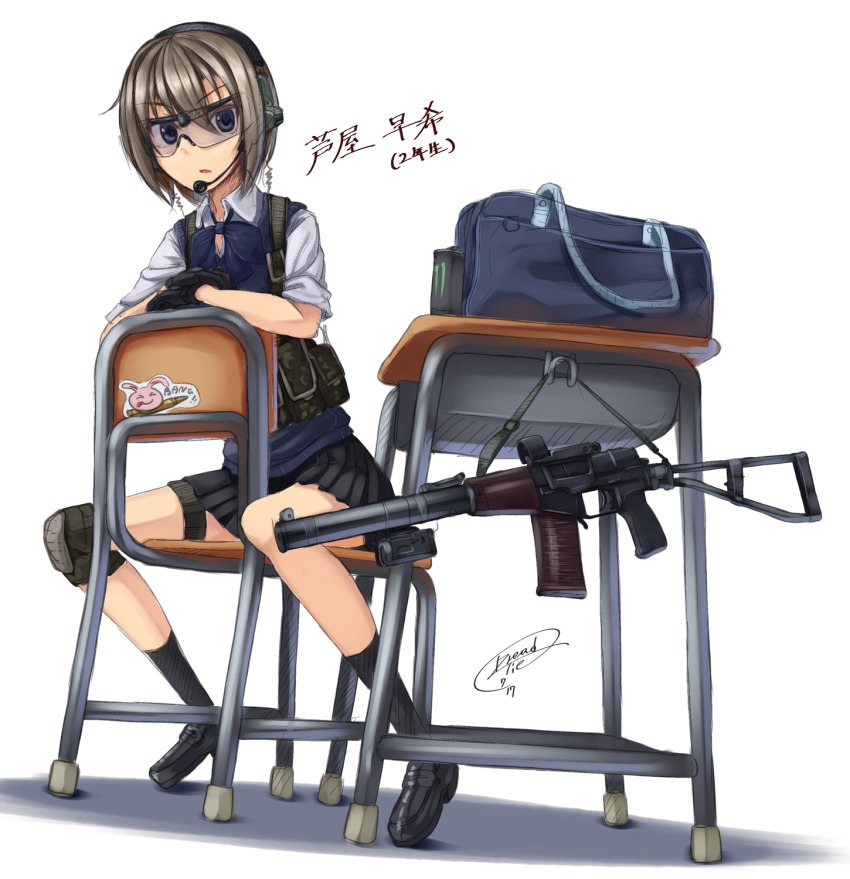 1girl as_val ashiya_saki assault_rifle bad_id bad_pixiv_id brown_hair camouflage desk dreadtie ear_protection energy_drink female_focus glasses gloves gun gun_sling headset highres integral_suppressor integrally-suppressed_firearm kalashnikov_rifle knee_pads load_bearing_vest monster_energy original rifle school_uniform short_hair simple_background sitting sitting_backwards solo suppressor toz_(tulsky_oruzheiny_zavod) tsniitochmash tula_arms_plant underwear weapon