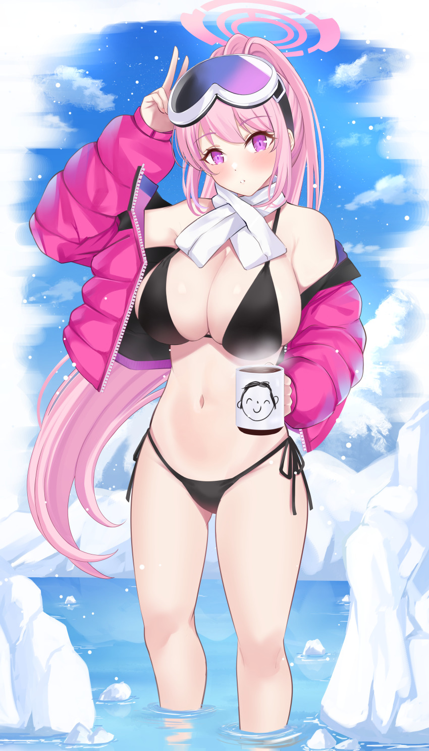 1girl absurdres adone_(pluemza021) bikini black_bikini blue_archive blue_sky breasts cloud coat coffee coffee_mug cup day doodle_sensei_(blue_archive) eimi_(blue_archive) eimi_(swimsuit)_(blue_archive) halo highres holding holding_cup ice iceberg large_breasts long_hair long_sleeves looking_at_viewer mug navel ocean official_alternate_costume open_clothes open_coat outdoors parted_lips pink_coat pink_hair pink_halo ponytail scarf sensei_(blue_archive) side-tie_bikini_bottom sky solo standing swimsuit v white_scarf