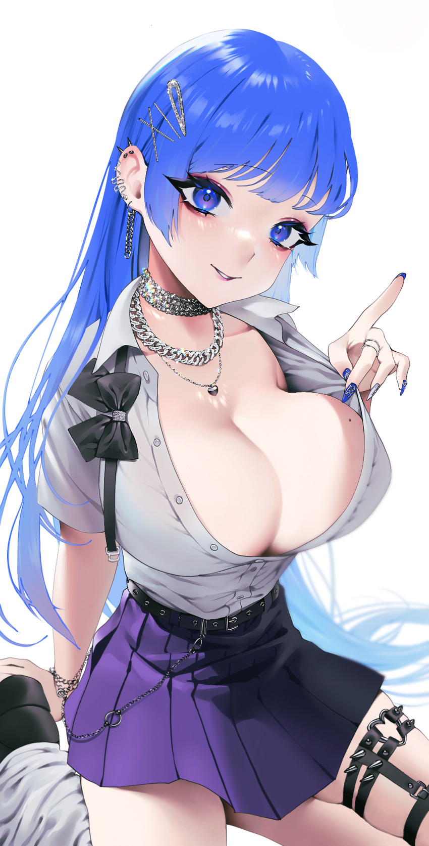 1girl bang_(gesture) bitaro blue_eyes blue_hair blush breasts cleavage collarbone collared_shirt dress_shirt ear_piercing finger_gun goth_fashion gothic gyaru hair_ornament hairclip highres jewelry kogal large_breasts long_hair mole mole_on_breast original piercing pleated_skirt punkish_gothic purple_skirt shirt skirt smile solo teeth thigh_strap uniform white_shirt x_hair_ornament