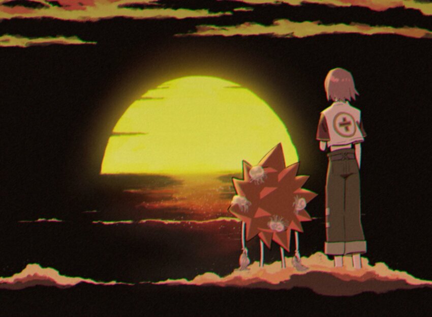 1girl baggy_pants beauty_(bobobo-bo_bo-bobo) bobobo-bo_bo-bobo chromatic_aberration cloud don_patch facing_away grey_pants jellyfish maiko_(setllon) midriff monochrome ocean pants raglan_sleeves shore short_hair sunset wading