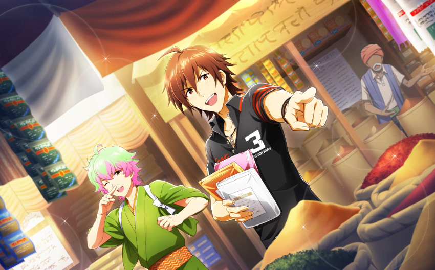 3boys ahoge amagase_touma black_shirt brown_eyes brown_hair collared_shirt dark-skinned_male dark_skin finger_to_own_nose fingernails glint grey_hair hair_between_eyes highres idolmaster idolmaster_side-m idolmaster_side-m_live_on_stage! male_focus multicolored_hair multiple_boys nekoyanagi_kirio no_eyes official_art one_eye_closed open_mouth pink_hair pointing shirt short_sleeves smile teeth upper_teeth_only