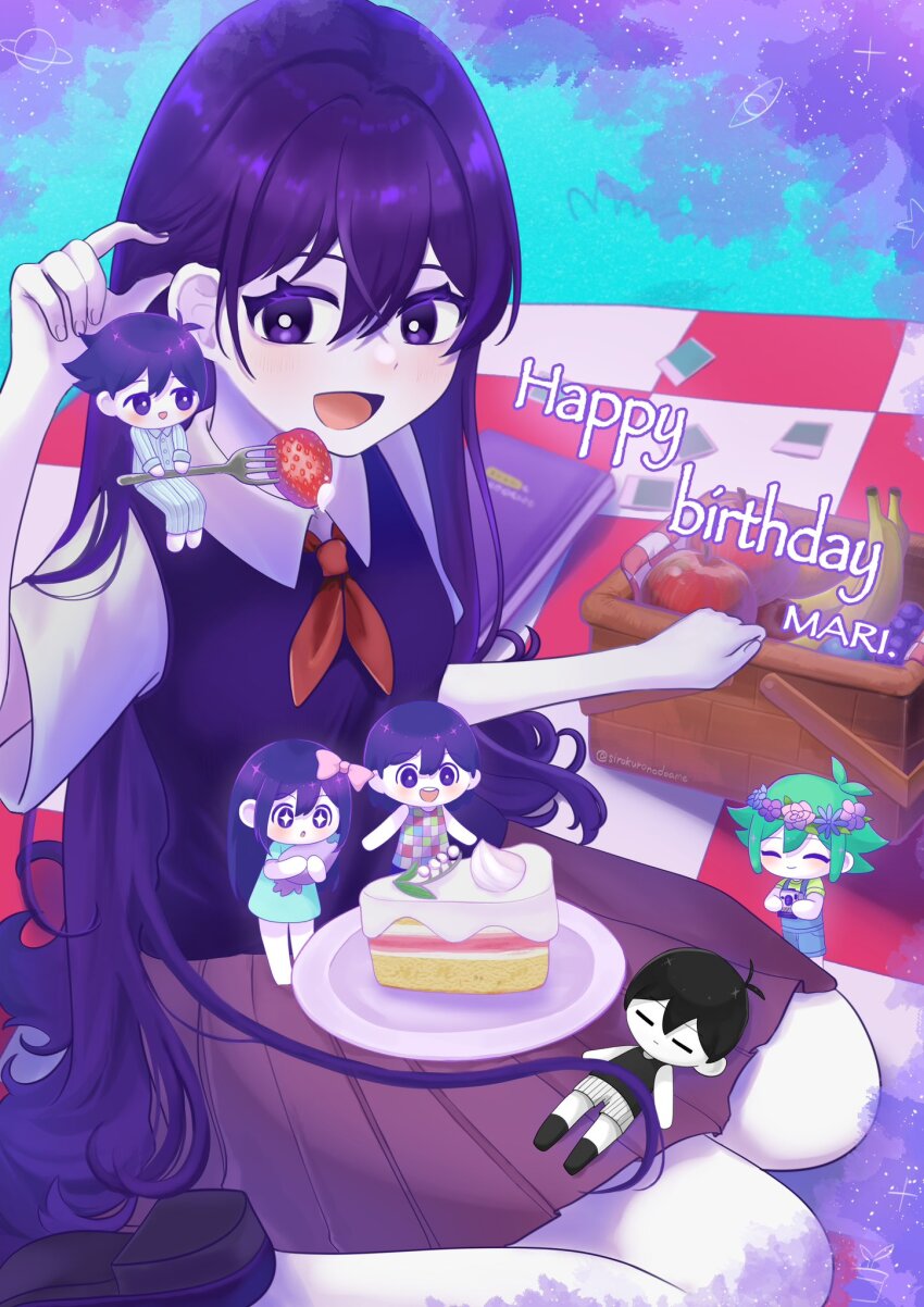 +_+ 2girls 4boys antenna_hair apple aubrey_(headspace)_(omori) aubrey_(omori) banana barefoot basil_(headspace)_(omori) basil_(omori) black_hair black_shoes black_socks black_tank_top blue_overalls blue_shirt blush bow bright_pupils cake cake_slice camera character_name checkered_blanket closed_eyes closed_mouth collared_shirt colored_skin commentary flower food fork fruit grapes green_hair green_shirt hair_bow happy_birthday head_wreath hero_(headspace)_(omori) hero_(omori) highres holding holding_camera holding_fork holding_stuffed_toy kel_(headspace)_(omori) kel_(omori) long_hair long_shirt long_sleeves lying mari_(headspace)_(omori) mari_(omori) mini_person miniboy minigirl mr._plantegg_(omori) multiple_boys multiple_girls neckerchief omori omori_(omori) on_back open_mouth overall_shorts overalls pajamas photo_(object) picnic_basket picnic_blanket pink_bow plate pleated_skirt purple_eyes purple_hair purple_skirt red_neckerchief red_skirt scrapbook shirt shoes short_hair short_sleeves shorts sirokuronodoame sitting skirt smile socks standing strawberry striped_clothes striped_shorts stuffed_eggplant stuffed_toy t-shirt tank_top teeth upper_teeth_only vertical-striped_clothes vertical-striped_shorts wariza white_pupils white_shirt white_shorts white_skin