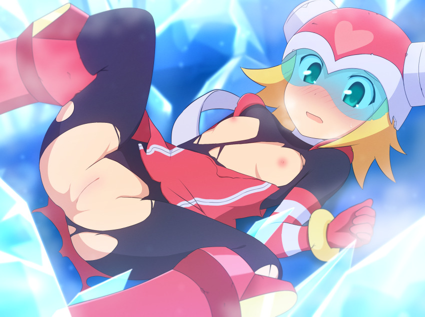 1girl black_bodysuit blonde_hair blush bodysuit boots breasts cleft_of_venus curakuru harp_note_(mega_man) helmet highres ice mega_man_(series) mega_man_star_force_(series) nipples pink_boots pink_helmet pussy red_shirt shirt short_hair small_breasts solo spread_legs torn_bodysuit torn_clothes torn_shirt