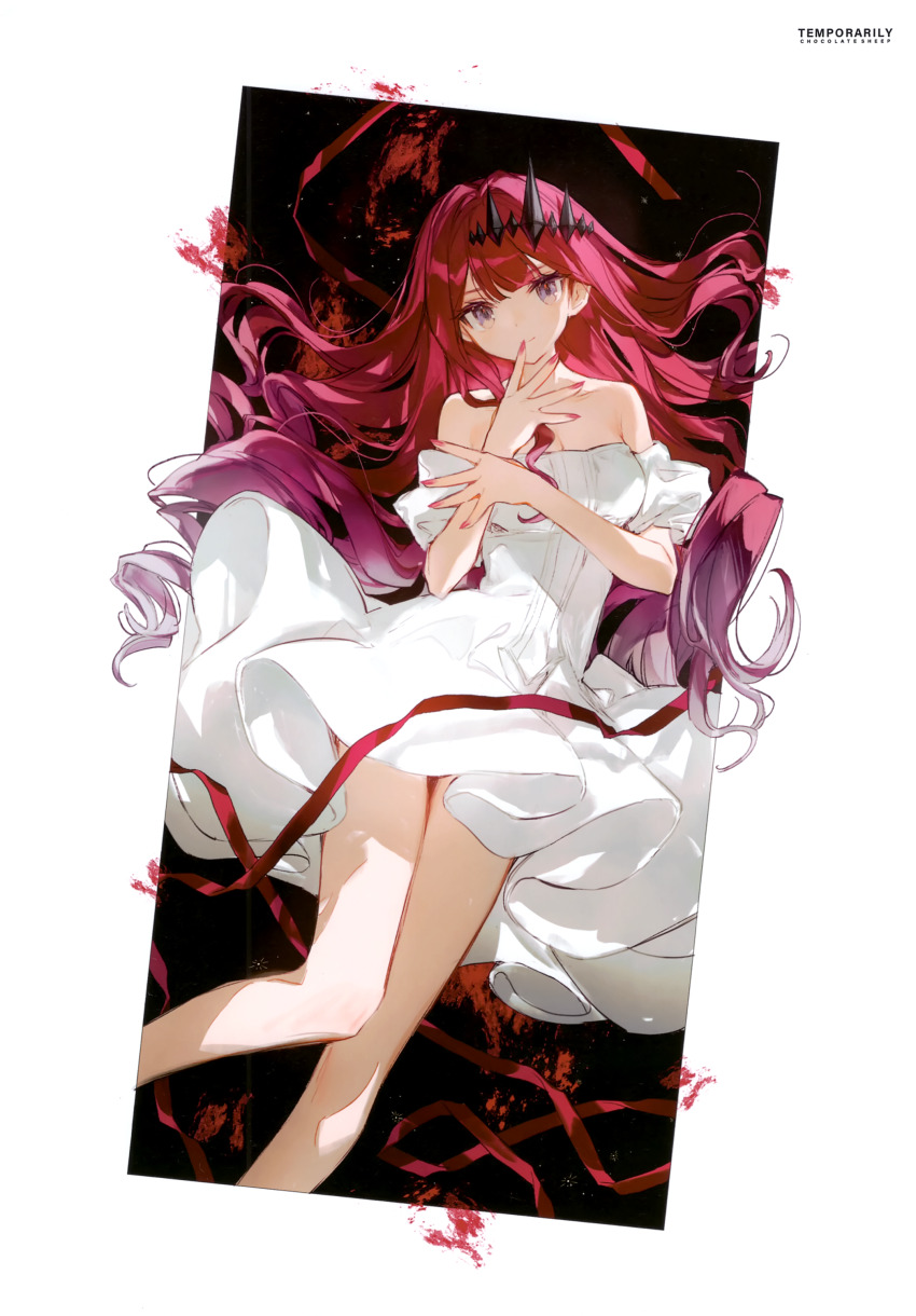 1girl absurdres baobhan_sith_(fate) bare_shoulders breasts chocoan comiket_99 detached_sleeves dress fate/grand_order fate_(series) grey_eyes hair_ornament hand_up highres long_hair looking_at_viewer pink_nails red_hair scan short_sleeves sidelocks smile solo white_background white_dress