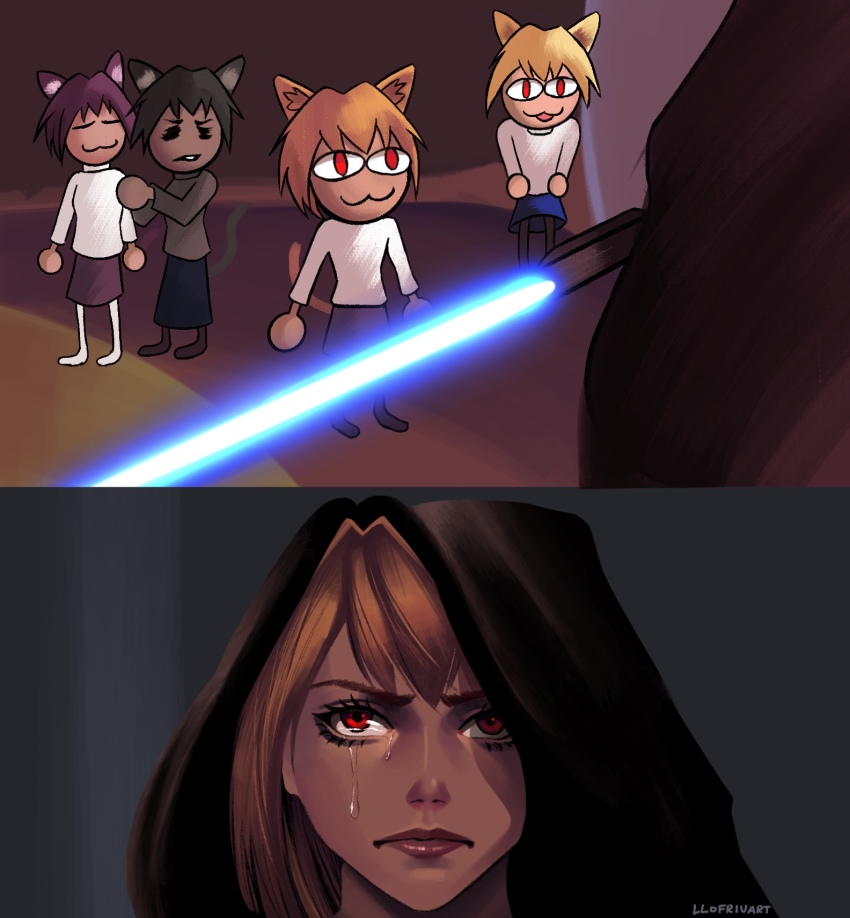anakin_skywalker anakin_skywalker_(cosplay) animal_ear_fluff animal_ears arcueid_brunestud blue_lightsaber cat_ears cat_girl cosplay energy_sword hair_between_eyes highres lightsaber melty_blood neco-arc neco-arc_bubbles neco-arc_chaos neco-arc_destiny neko_arc parody red_eyes star_wars star_wars:_revenge_of_the_sith sword tsukihime weapon