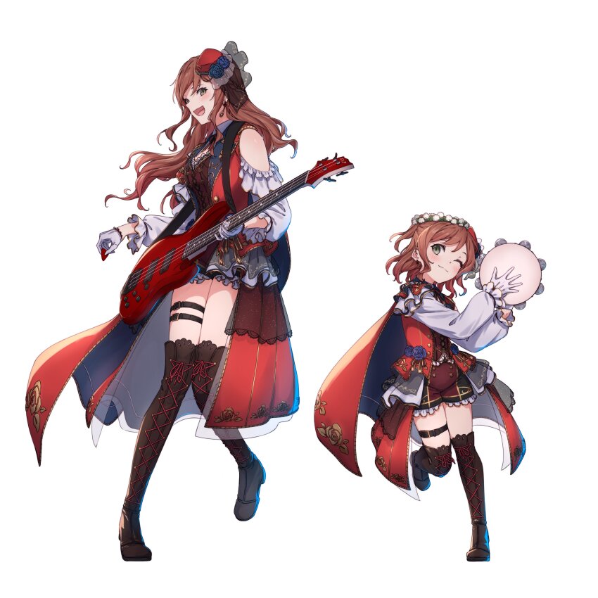 1girl absurdres age_progression bang_dream! bass_guitar black_boots blush boots brown_hair cape closed_mouth clothing_cutout flower_stand_art gloves green_eyes guitar hat highres holding holding_guitar holding_instrument holding_plectrum imai_lisa instrument kanade_(kanade_3344) medium_hair multiple_views open_mouth plectrum red_cape red_hat red_shorts red_skirt red_vest shorts shoulder_cutout skirt smile thigh_boots thigh_strap vest white_gloves