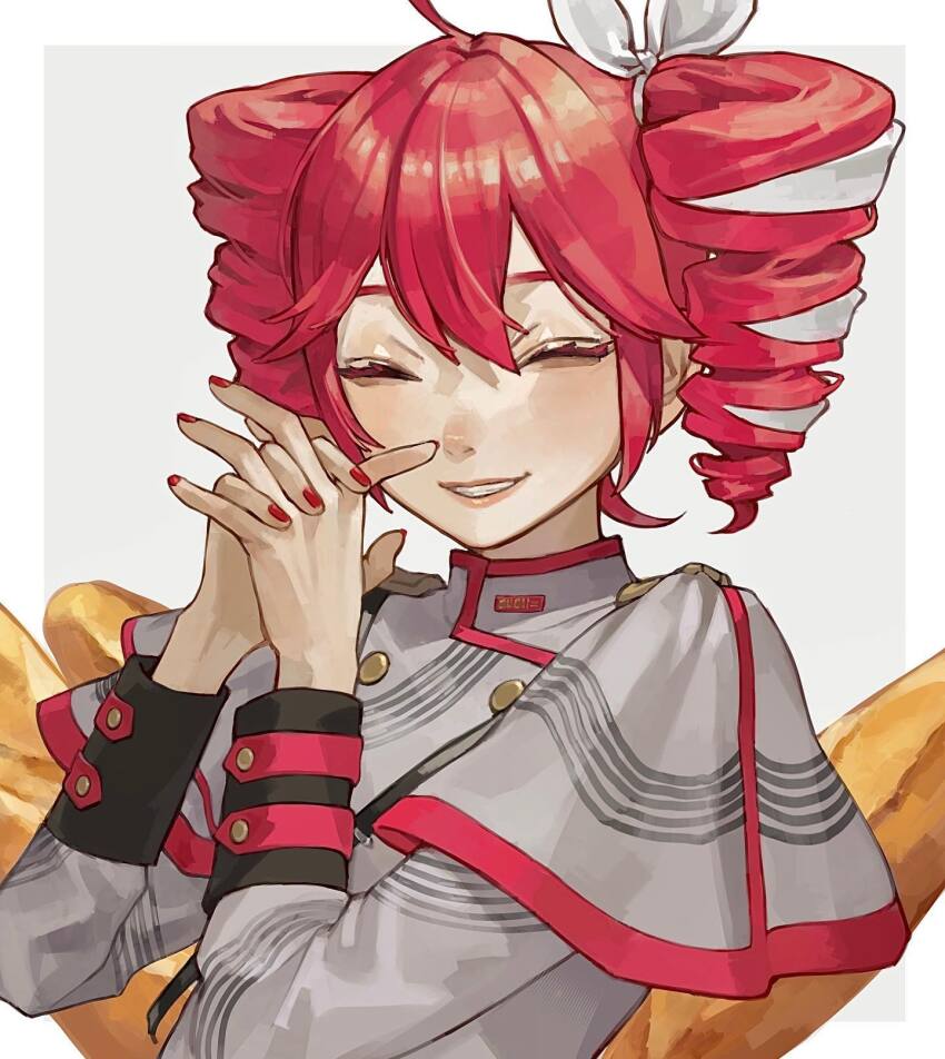 1girl ^_^ ahoge baguette border bow bread buttons closed_eyes double-breasted drill_hair eyelashes facing_viewer food grey_background grey_shirt grin hair_bow hands_up high_collar highres interlocked_fingers kasane_teto kasane_teto_(sv) long_sleeves outside_border own_hands_together red_hair red_nails sakauchi_waka shirt short_hair shoulder_boards sleeve_cuffs smile solo synthesizer_v twin_drills uniform upper_body utau white_border white_bow