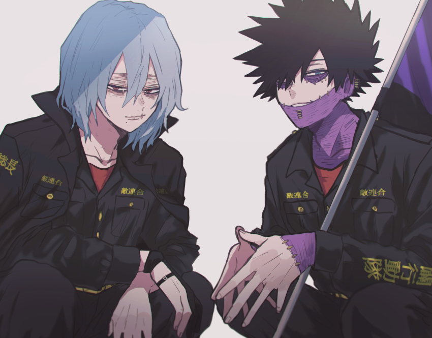 2boys ametaro_(ixxxzu) black_hair black_jacket black_pants black_shirt blue_eyes blue_hair boku_no_hero_academia burn_scar cheek_piercing dabi_(boku_no_hero_academia) face_piercing flag highres jacket looking_at_viewer male_focus multiple_boys multiple_scars pants piercing prosthetic_fingers red_eyes red_shirt scar scar_on_face shigaraki_tomura shirt short_hair simple_background spiked_hair squatting staple stapled white_background wrinkled_skin