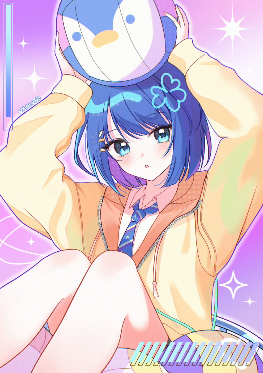 1girl :o absurdres arms_up ball blue_eyes blue_hair blue_necktie brown_jacket collared_shirt commentary_request diagonal-striped_clothes diagonal-striped_necktie drawstring dress_shirt highres holding holding_ball hood hood_down hooded_jacket jacket kiritani_haruka long_sleeves looking_at_viewer multicolored_hair necktie parted_lips project_sekai puffy_long_sleeves puffy_sleeves purple_background purple_hair rin_(ryne_0303) shirt solo sparkle striped_clothes twitter_username two-tone_hair white_shirt