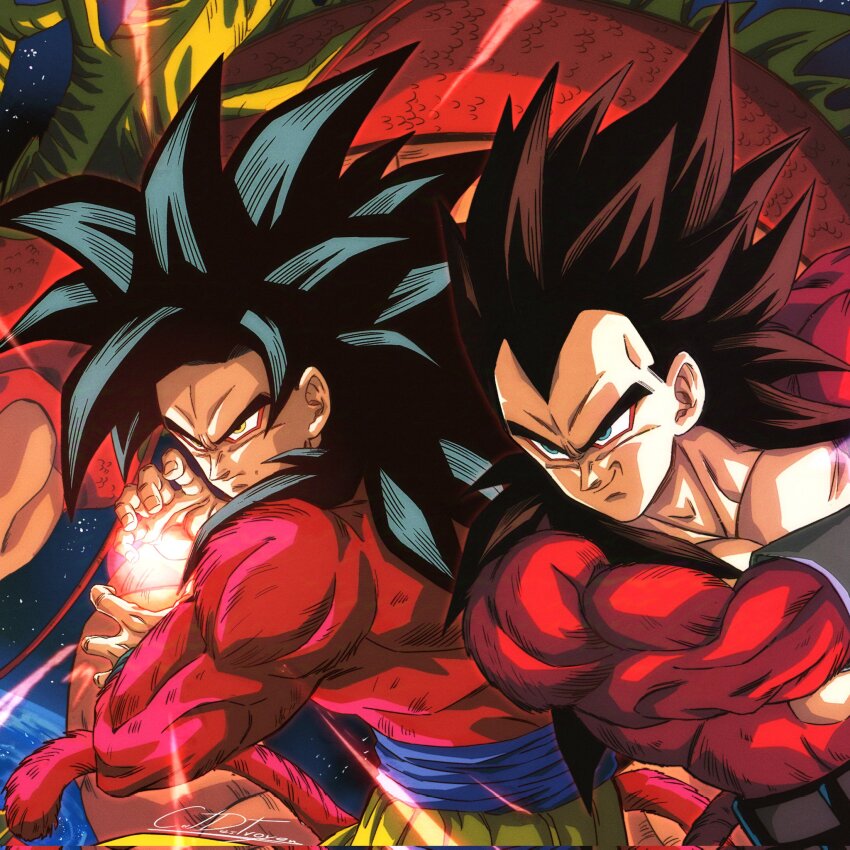 2boys biceps black_hair blue_sash body_fur catdestroyer close-up dougi dragon_ball dragon_ball_gt energy_ball galick_gun green_eyes highres incoming_attack kamehameha_(dragon_ball) long_hair male_focus monkey_boy monkey_tail multiple_boys muscular muscular_male no_nipples open_mouth pants pectorals powering_up red_fur saiyan sash smile smirk son_goku spiked_hair super_saiyan super_saiyan_4 tail teeth ultimate_shenron vegeta wristband yellow_pants