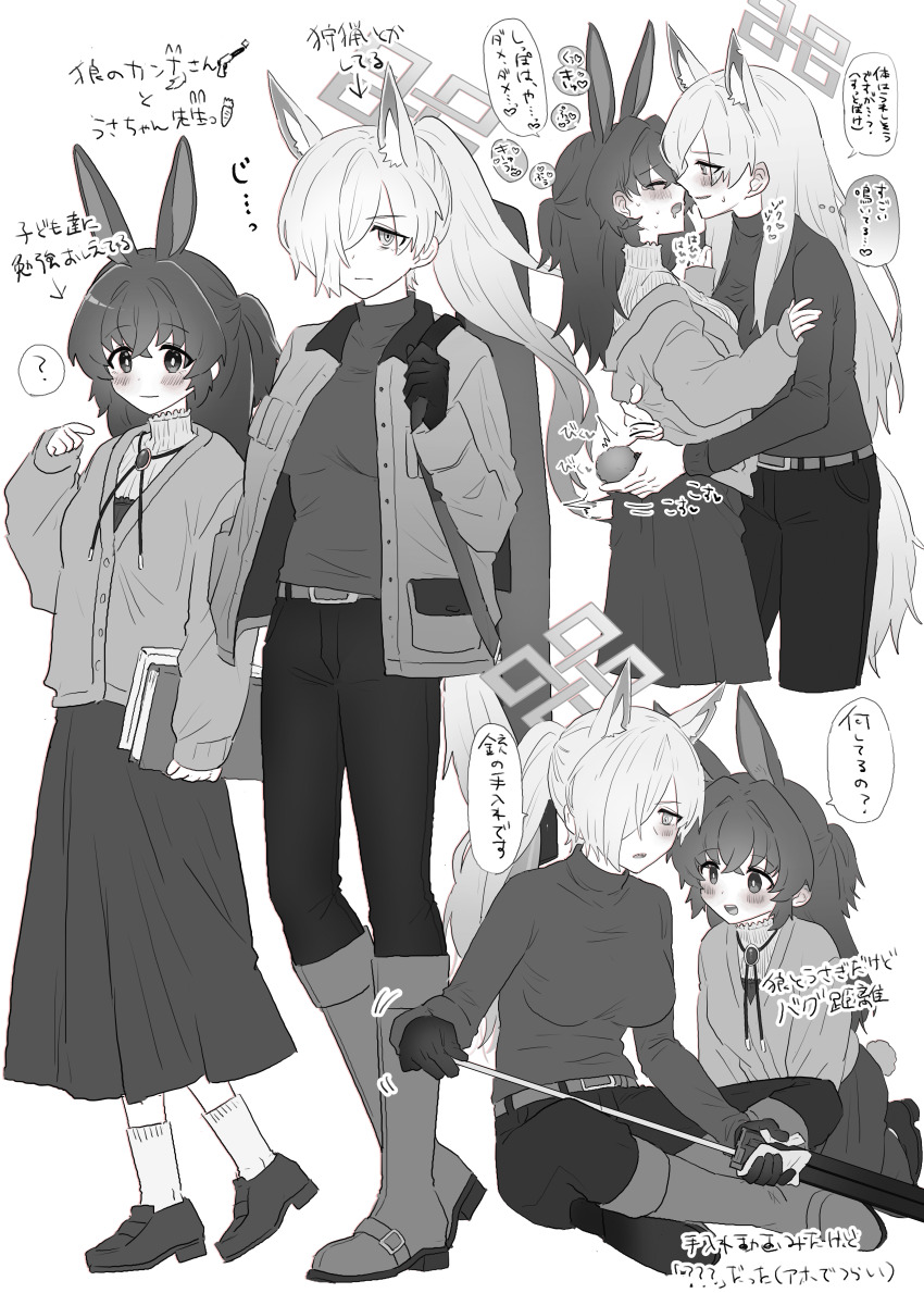2girls ? absurdres animal_ear_fluff animal_ears blue_archive blush boots bright_pupils cleaning_gun cleaning_rod cloth commentary_request crossed_bangs dog_ears dog_girl extra_ears female_sensei_(blue_archive) female_sensei_(blue_archive)_(senta_(ysk_0218)) gloves greyscale groping hair_over_one_eye heart highres kanna_(blue_archive) long_hair long_skirt long_sleeves monochrome multiple_girls notched_ear panties pants pants_tucked_in parted_bangs pointing pointing_at_self ponytail rabbit_ears rabbit_tail ringed_eyes sensei_(blue_archive) senta_(ysk_0218) sharp_teeth shirt shirt_tucked_in skirt speech_bubble spot_color tail teeth thought_bubble underwear white_background yuri