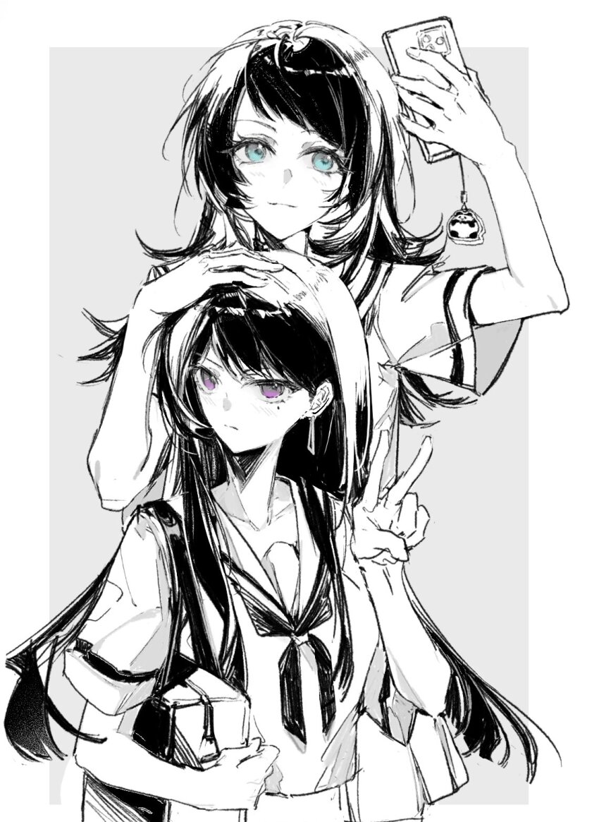 2girls bang_dream! bang_dream!_it&#039;s_mygo!!!!! blue_eyes border cellphone cellphone_charm charm_(object) closed_mouth commentary grey_background greyscale hanasakigawa_school_uniform hand_on_another&#039;s_head highres holding holding_phone long_hair mole mole_under_eye monochrome multiple_girls outside_border phone purple_eyes sailor_collar school_uniform serafuku shiina_taki short_sleeves simple_background smartphone spot_color undersuito50673 white_border yahata_umiri