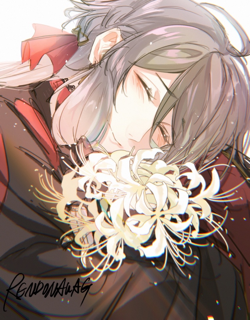 1boy ahoge ankou_(shuuen_no_virche) artist_name black_shirt blush bow closed_eyes closed_mouth flower grey_background grey_hair hair_bow highres holding holding_flower long_hair long_sleeves male_focus red_bow rendong06 shirt shuuen_no_virche smile solo spider_lily white_flower white_spider_lily