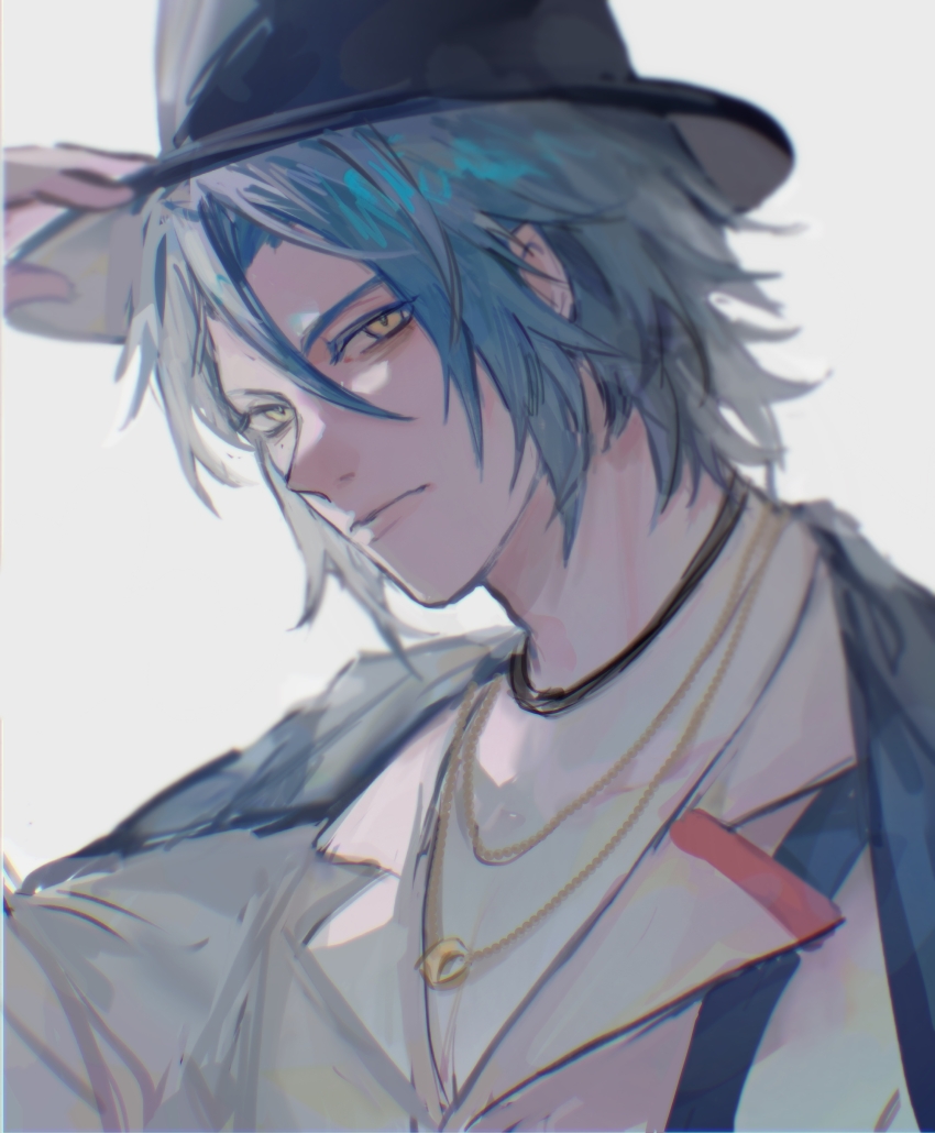 1boy absurdres arm_up black_hat blue_hair closed_mouth curtained_hair ensemble_stars! grey_background grey_jacket hat highres himeru_(ensemble_stars!) jacket jewelry kaochuanyi9060 lapels looking_to_the_side male_focus necklace shirt sideways_glance simple_background solo upper_body white_shirt
