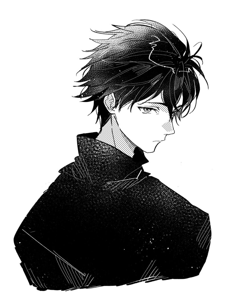 1boy closed_mouth diamant_(fire_emblem) fire_emblem fire_emblem_engage greyscale highres illust_mi looking_at_viewer male_focus monochrome nintendo short_hair solo turtleneck upper_body white_background