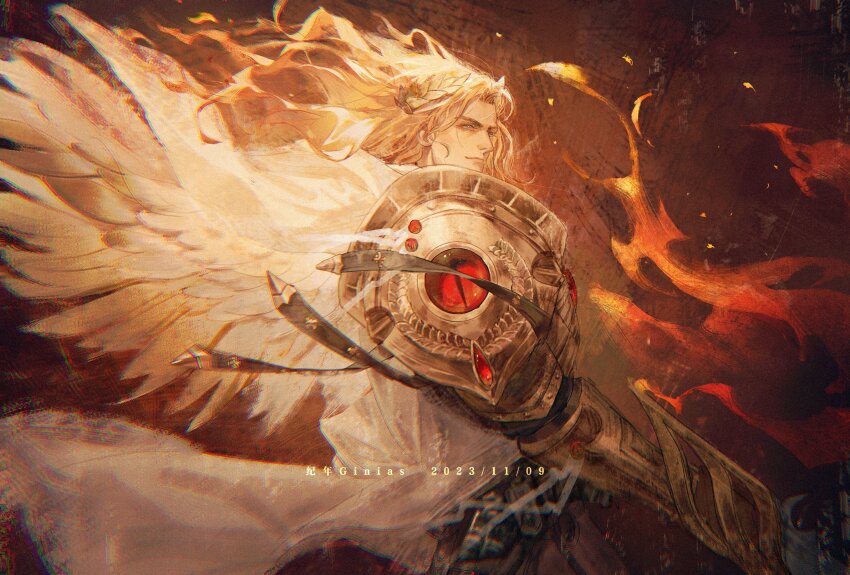 1boy angel angel_wings armor artist_name blonde_hair blood_angels blue_eyes blurry bolter chromatic_aberration commentary depth_of_field english_commentary eye_of_horus_(warhammer) fiery_hair fire from_side gauntlets ginias glitter highres holding holding_polearm holding_weapon holster holstered laurel_crown long_hair male_focus pauldrons polearm power_armor primarch sanguinius shoulder_armor smile solo spear_of_telesto star_(symbol) tabard thigh_holster warhammer_40k weapon white_tabard white_wings wings