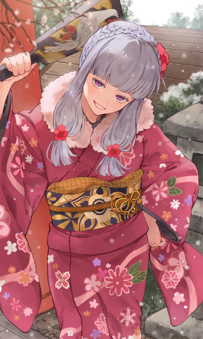1girl absurdres agria_(new_year)_(tales) agria_(tales) blunt_bangs blush braid branch commission floral_print flower freckles fur-trimmed_kimono fur_trim hagoita hair_flower hair_ornament hand_on_own_hip highres japanese_clothes kimono long_hair looking_at_viewer obijime outdoors paddle purple_eyes red_kimono shirt_under_kimono sidelocks simple_background smile snow snowing tales_of_(series) tales_of_asteria tales_of_xillia wawatiku white_background white_hair