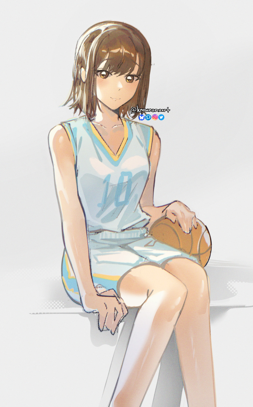 1girl absurdres ao_no_hako ball basketball_(object) brown_eyes brown_hair closed_mouth commentary highres kano_chinatsu knowname looking_at_viewer shirt short_hair shorts sidelocks sitting sleeveless sleeveless_shirt solo twitter_username white_shirt white_shorts