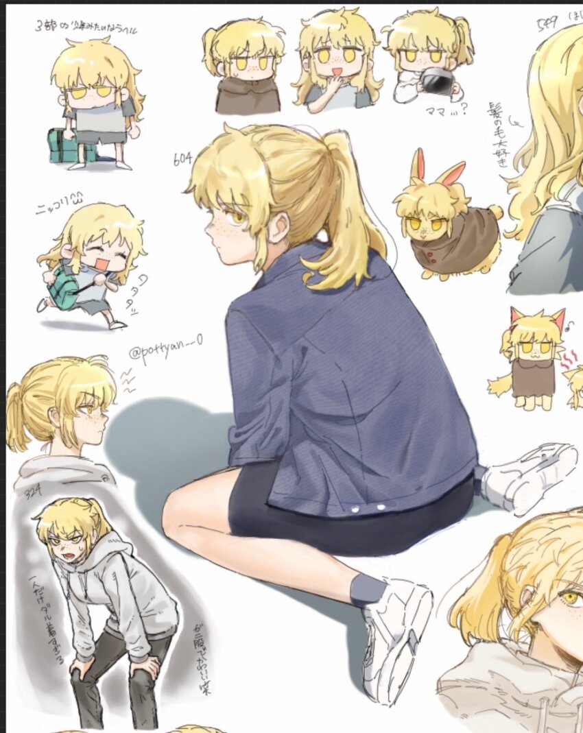 1girl animal animal_ears animalization artist_name bag black_skirt blonde_hair brown_robe chibi chibi_inset freckles green_bag grey_hoodie grey_jacket grey_socks highres holding hood hoodie jacket long_hair long_sleeves looking_at_viewer looking_back multiple_tails open_mouth original ponytail pottyan_0 rachel_(tower_of_god) robe shadow shoes sitting skirt smile sneakers socks solo sweat tail tower_of_god white_background white_shoes yellow_eyes yellow_fur