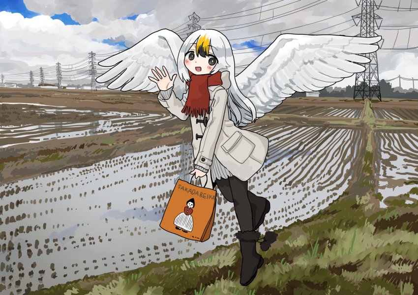 1girl bag bird black_boots blue_sky boots check_copyright cloud cloudy_sky copyright_request feathered_wings feathers flying grass grey_skirt hand_up highres holding holding_bag long_sleeves original outdoors personification pleated_skirt red_scarf reflection scarf skirt sky solo swan white_feathers white_wings wings zinbei