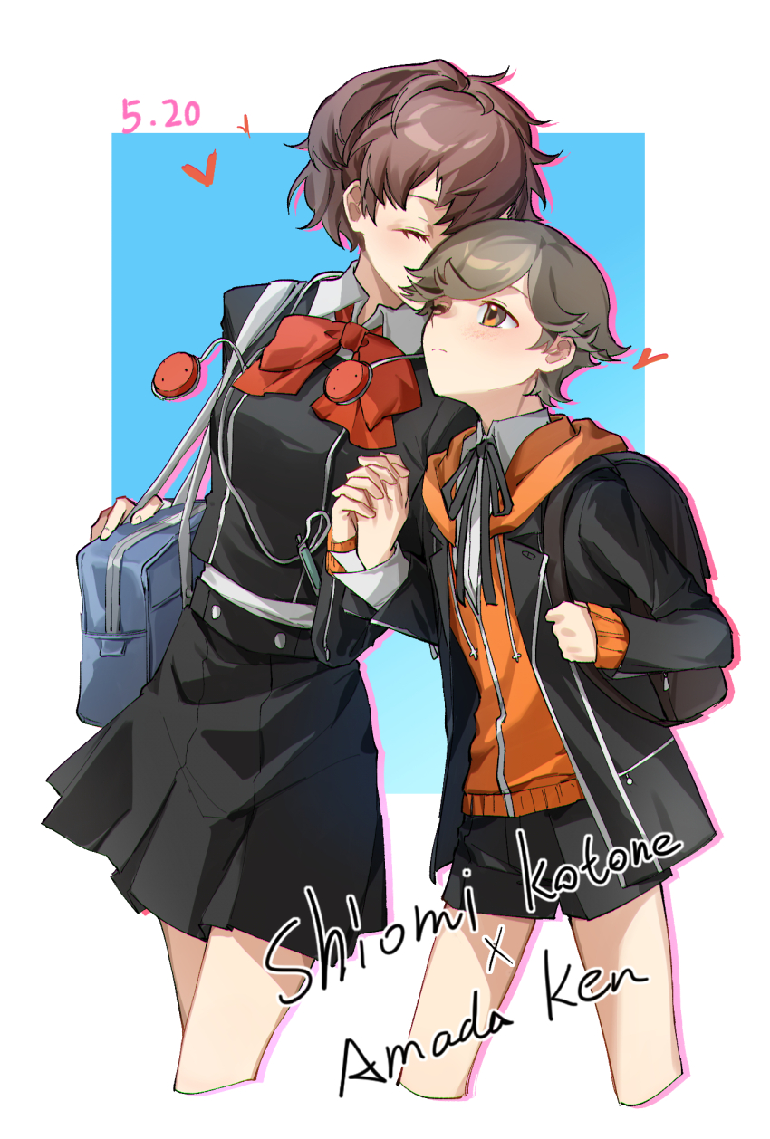 1boy 1girl amada_ken backpack bag black_jacket black_shorts black_skirt bow bowtie brown_hair character_name closed_eyes collared_shirt commentary_request cropped_legs dated eca_leaf gekkoukan_high_school_uniform hair_between_eyes hetero highres holding_hands hood hood_down jacket long_sleeves one_eye_closed orange_eyes persona persona_3 persona_3_portable red_bow red_bowtie school_bag school_uniform shiomi_kotone shirt shorts simple_background skirt two-tone_background white_shirt