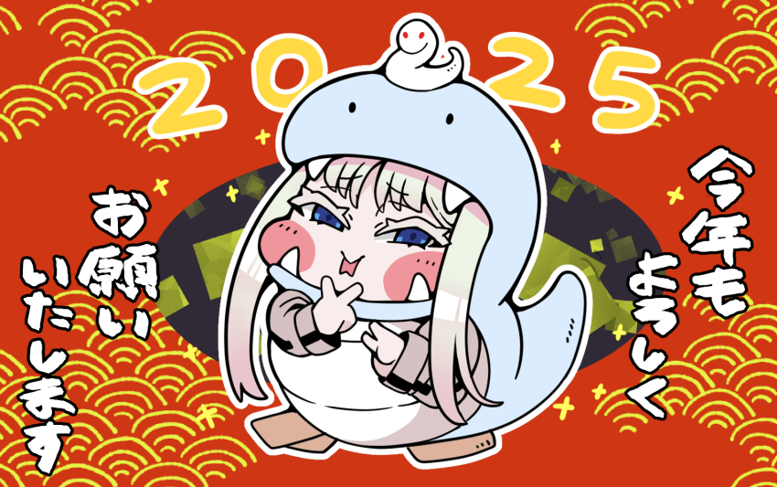 1girl 2025 animal_costume blue_eyes blush_stickers cheona_(last_origin) chibi chinese_zodiac forked_tongue happy_new_year highres last_origin long_hair long_sleeves new_year snake solo tongue tonta white_hair year_of_the_snake