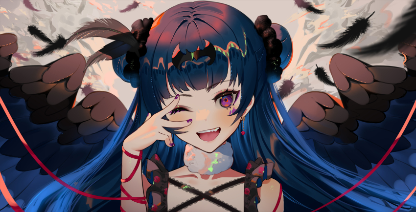 1girl blue_hair blunt_bangs choker double_bun earrings feathered_wings feathers hair_bun hair_ornament highres hk_(hk) jewelry long_hair looking_at_viewer love_live! love_live!_sunshine!! open_mouth purple_eyes solo tsushima_yoshiko upper_body wings