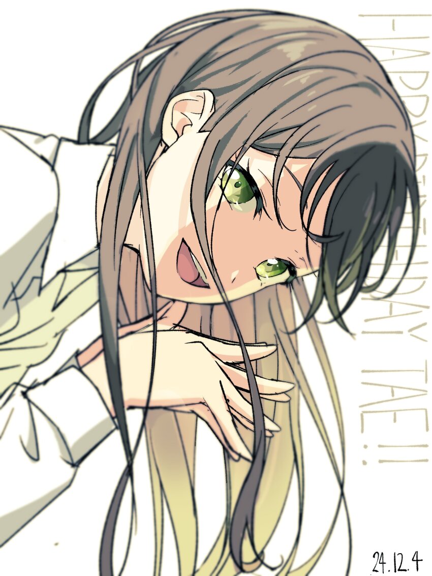 1girl absurdres bang_dream! black_hair commentary dated green_eyes hanazono_tae happy_birthday highres long_hair long_sleeves looking_at_viewer nobusawa_osamu open_mouth shirt simple_background solo teeth upper_body upper_teeth_only white_background white_shirt