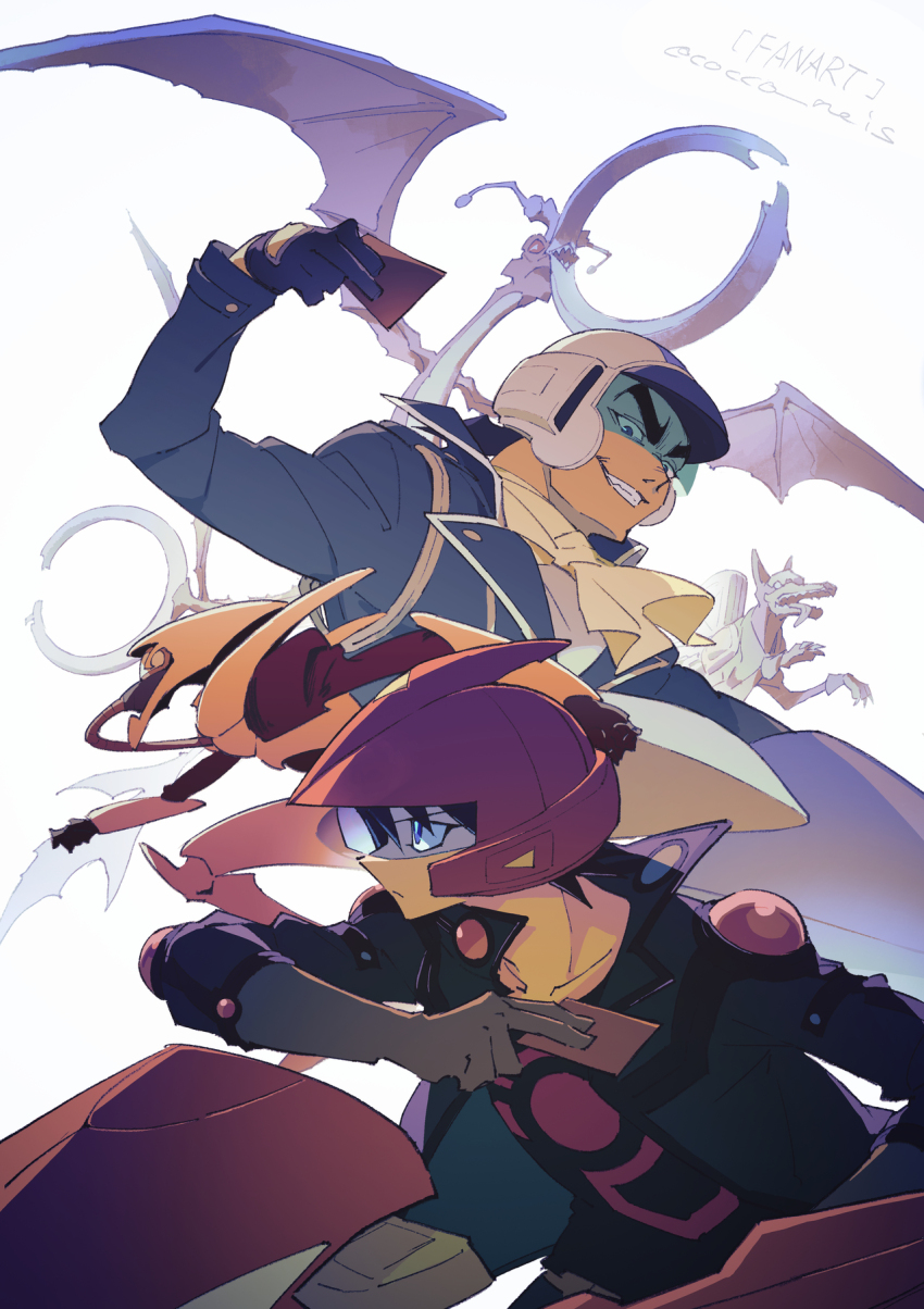 2boys black_gloves black_shirt blue_visor brown_gloves card cocconeis d-wheel dog dragon dress_shirt duel_monster elbow_gloves elbow_pads facing_to_the_side fudo_yusei gloves grey_jacket grin helmet highres holding holding_card jacket junk_speeder looking_at_another looking_to_the_side male_focus motor_vehicle motorcycle motorcycle_helmet multiple_boys neckerchief open_clothes open_jacket outstretched_arm popped_collar red_helmet shirt shoulder_pads smile ushio_tetsu white_background white_helmet white_shirt wind yellow_neckerchief yu-gi-oh! yu-gi-oh!_5d&#039;s