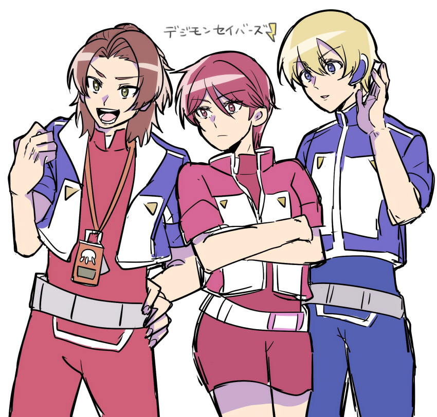 1girl 2boys belt daimon_masaru_(digimon_savers) digimon digimon_savers fujieda_yoshino highres jacket multiple_boys short_hair teeth thoma_h._norstein