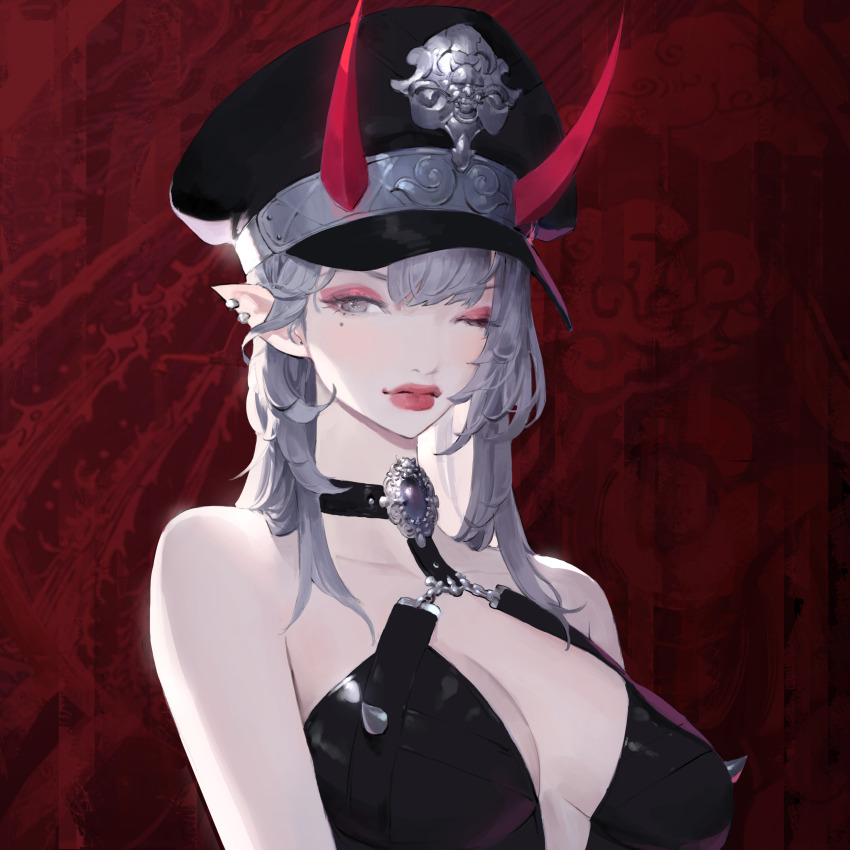 1girl absurdres black_hat black_shirt breasts center_opening cleavage closed_mouth commentary dated_commentary ear_piercing english_commentary eyeshadow gem grey_eyes grey_hair halter_shirt halterneck hat highres horns jung_wonjo lipstick looking_at_viewer makeup medium_breasts medium_hair mole mole_under_eye one_eye_closed oni original peaked_cap piercing pointy_ears purple_gemstone red_background red_eyeshadow red_horns red_lips shirt sleeveless sleeveless_shirt solo spikes upper_body