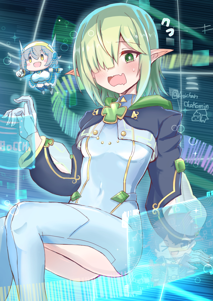1boy 2girls aoi_(pilot)_(princess_connect!) aoi_(princess_connect!) artist_name bodysuit chokomin clothing_cutout clover_ornament cockpit croce_(princess_connect!) elf floating gloves green_eyes green_hair hair_over_one_eye highres holographic_interface long_sleeves mecha_pilot_suit multiple_girls panicking pointy_ears princess_connect! thigh_cutout white_bodysuit white_gloves yuuki_(princess_connect!)