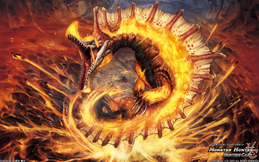 agnaktor aqua_eyes capcom claws copyright_name dated fire highres lava monster monster_hunter_(series) no_humans official_art official_wallpaper open_mouth rock scales sharp_teeth solo tail teeth